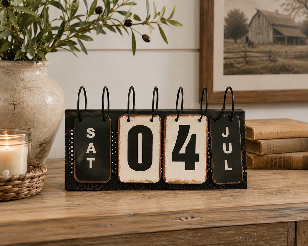 Rustic Metal Perpetual Flip Calendar Farmhouse Desktop Date Display Decor